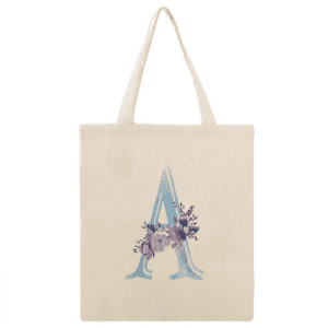 Purple Watercolor Floral Blue Alphabet 'A' Monogram Initial Canvas Tote Bag - Stylish & Versatile for Women