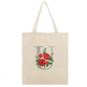 Red Rose Monogram 'U' Canvas Tote Bag - Multi-Purpose, Eco-Friendly