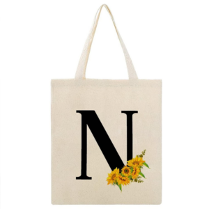 Sunflower Black Monogram Initial 'N' Canvas Tote Bag - Large, Durable Shopping and Book Bag for Women