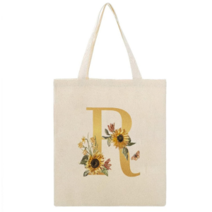 Sunflower Floral Gold Monogram 'R' Canvas Tote Bag - Durable, Reusable